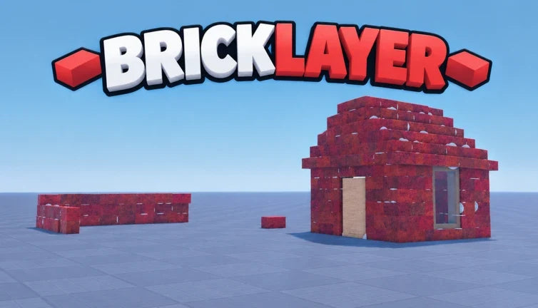 Red brick house and a low brick wall built on a gray plot in Bricklayer, shown under the game's logo